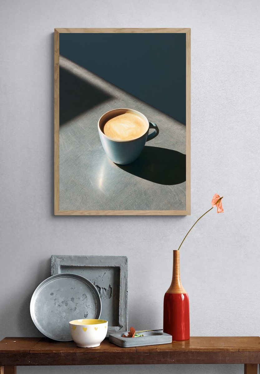 Sunlit Coffee Cup Photography Poster. — room view 3