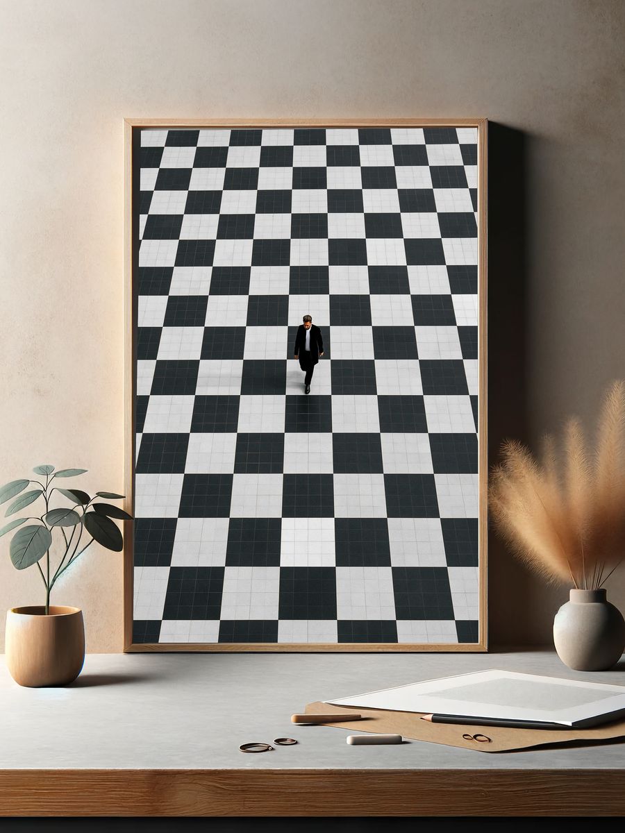 Solitary Walker Checkered Floor Poster. — room view 2