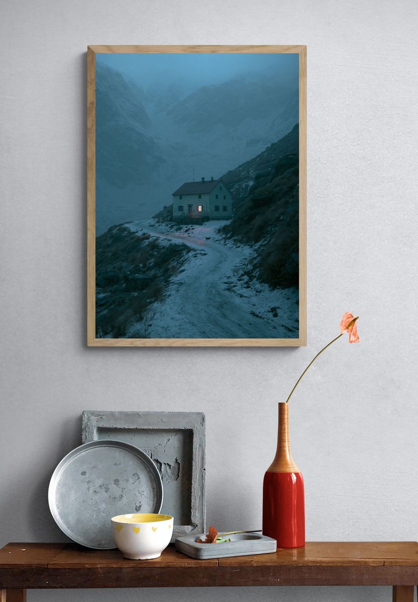 Misty Mountain Cabin Photography Poster. — room view 3