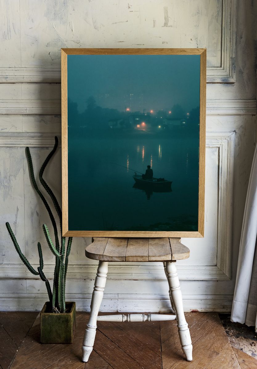 Foggy Fisherman at Dusk Poster. — room view 1