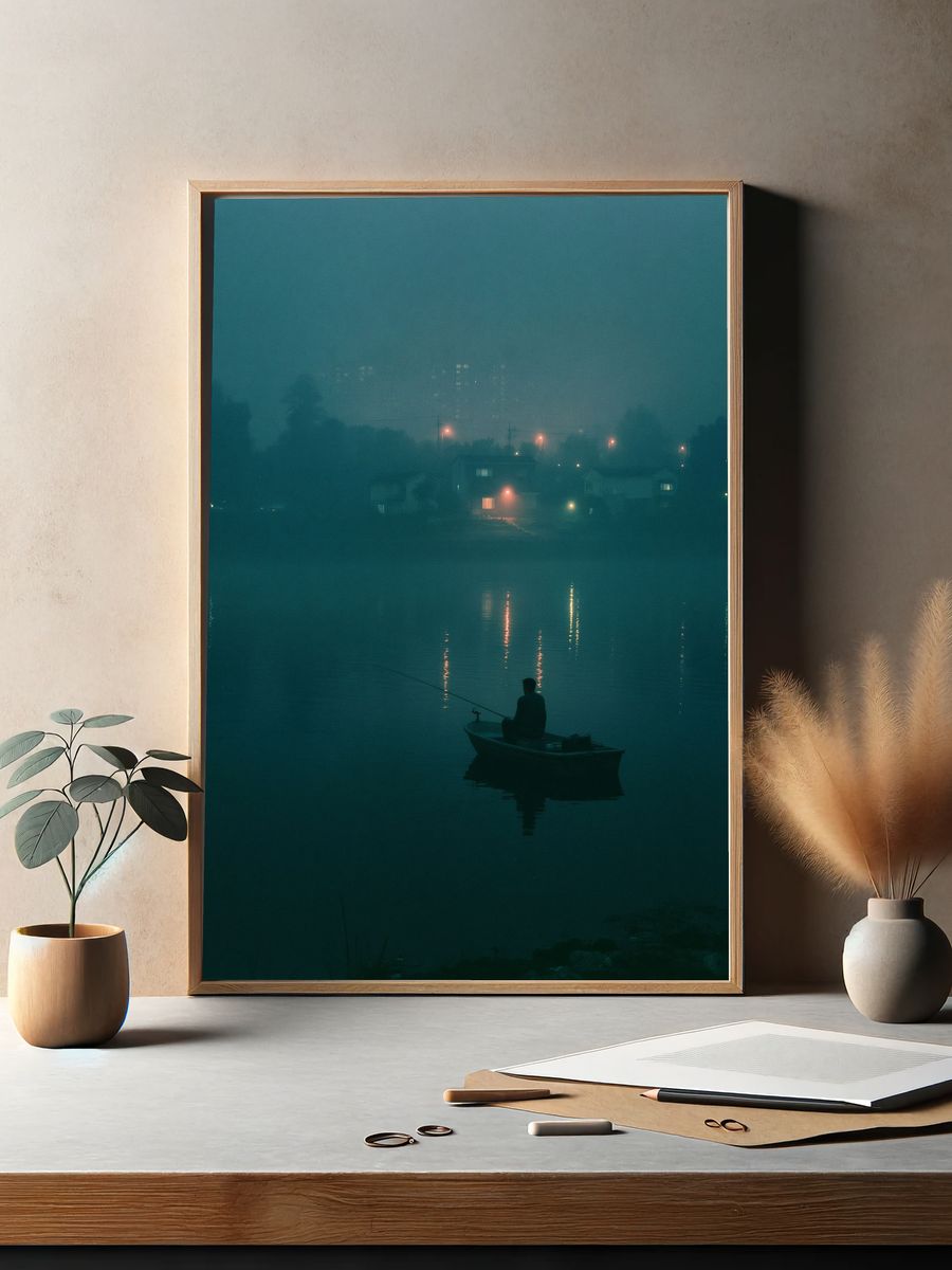 Foggy Fisherman at Dusk Poster. — room view 2