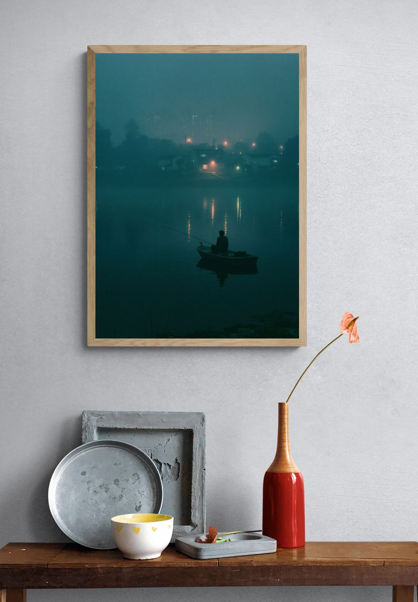 Foggy Fisherman at Dusk Poster. — room view 3