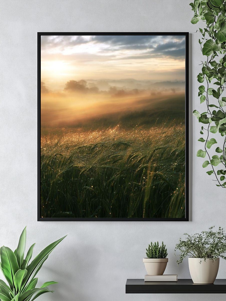 Misty Sunrise Meadow Photography Poster. — room view 4