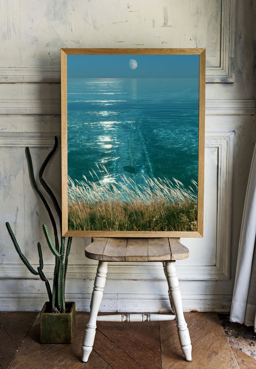 Moonlit Ocean Horizon Print. room preview