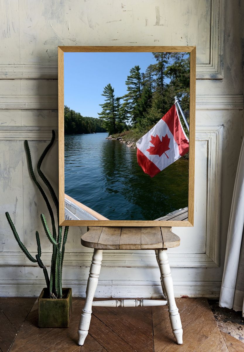 Canadian Lakeside Flag Photography Poster. room preview