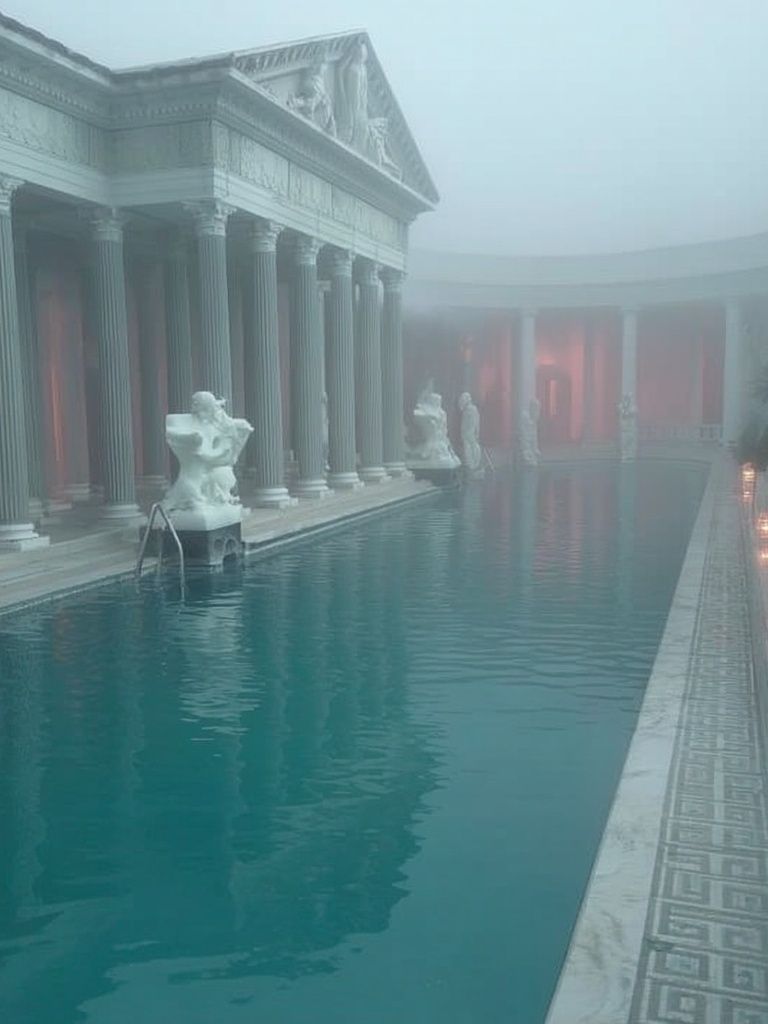 Foggy Roman Courtyard Pool Print. poster — photography art
