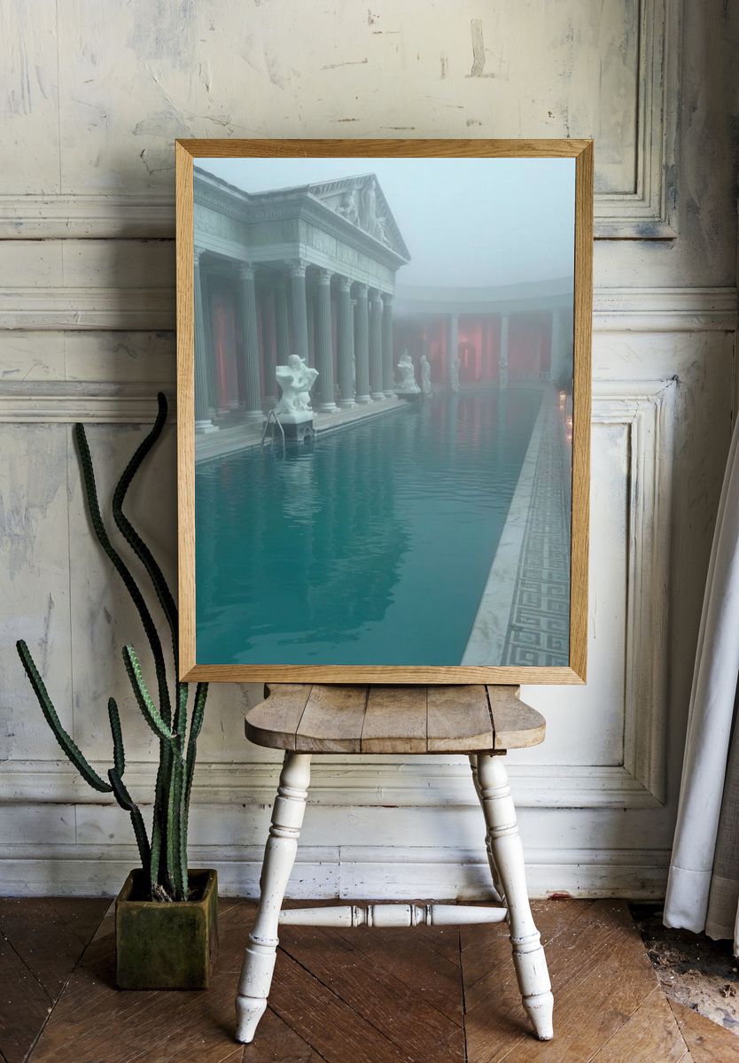 Foggy Roman Courtyard Pool Print. — room view 1