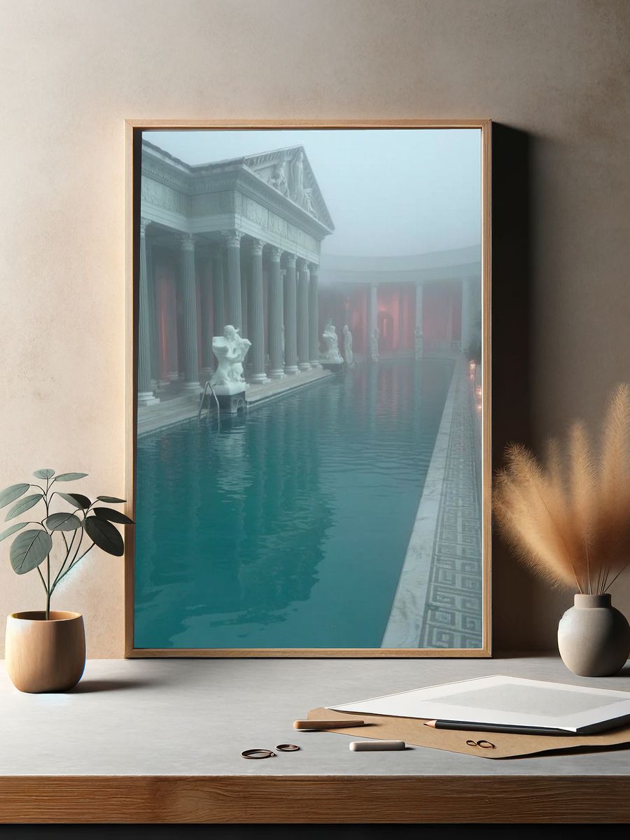 Foggy Roman Courtyard Pool Print. — room view 2