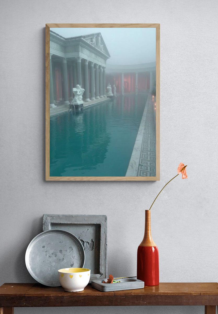 Foggy Roman Courtyard Pool Print. — room view 3