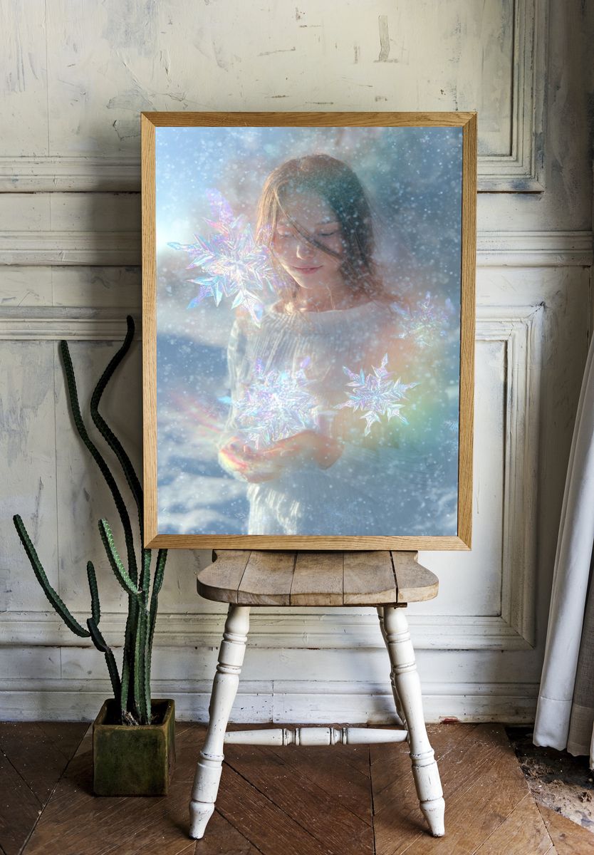 Iridescent Snowflake Portrait Print. room preview