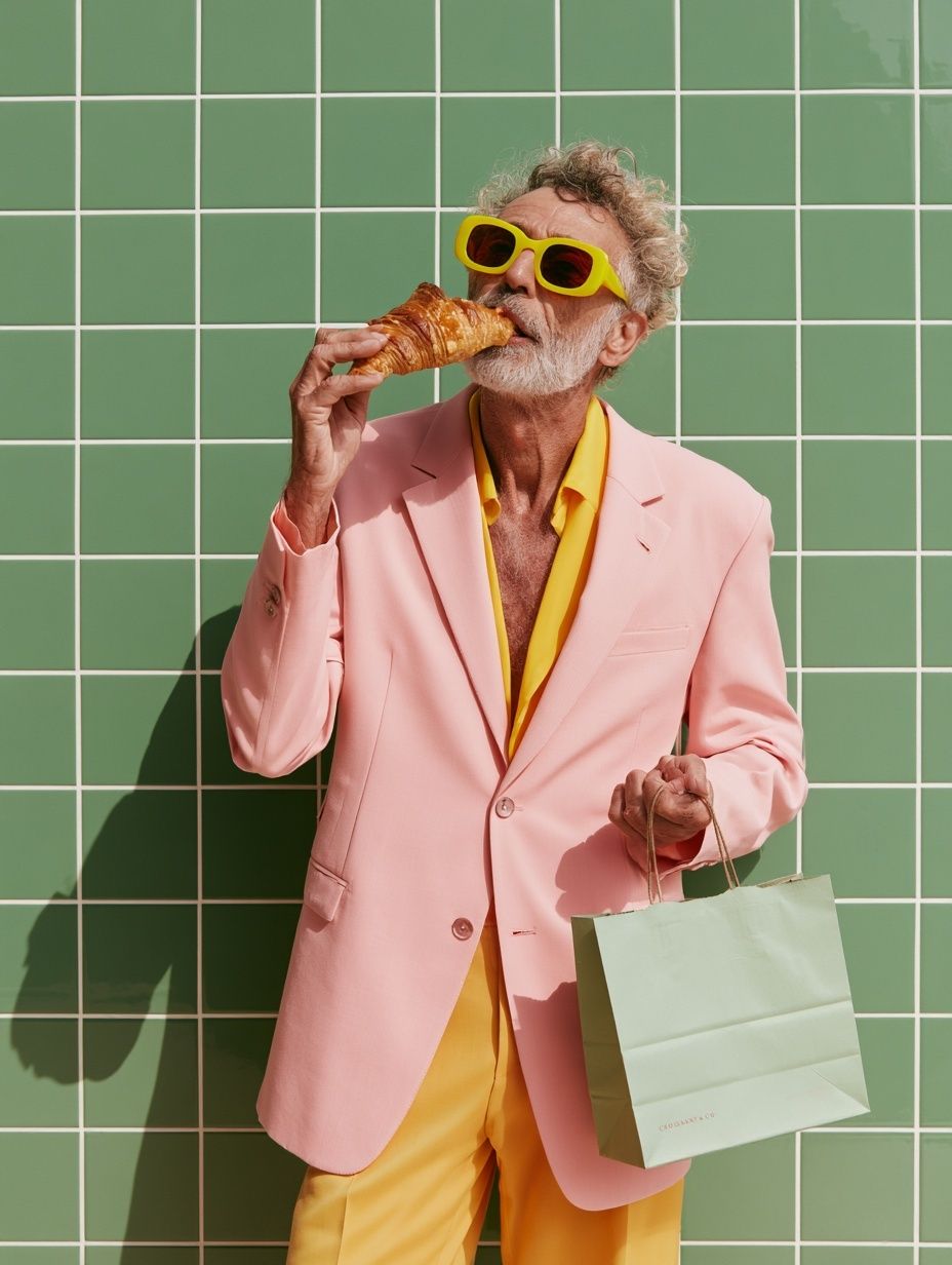 Stylish Man with Croissant Photography Poster. poster detail