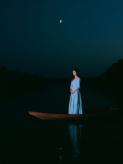 Moonlit Boat Portrait Photography Poster.