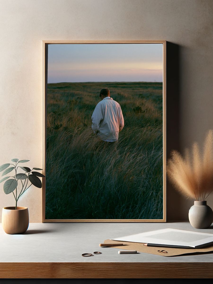 Solitary Figure in Grassland Poster. — room view 2