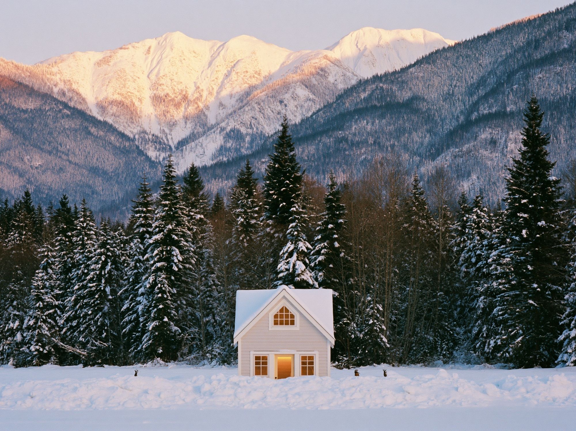 Snowy Mountain Cabin Photography Poster. poster detail