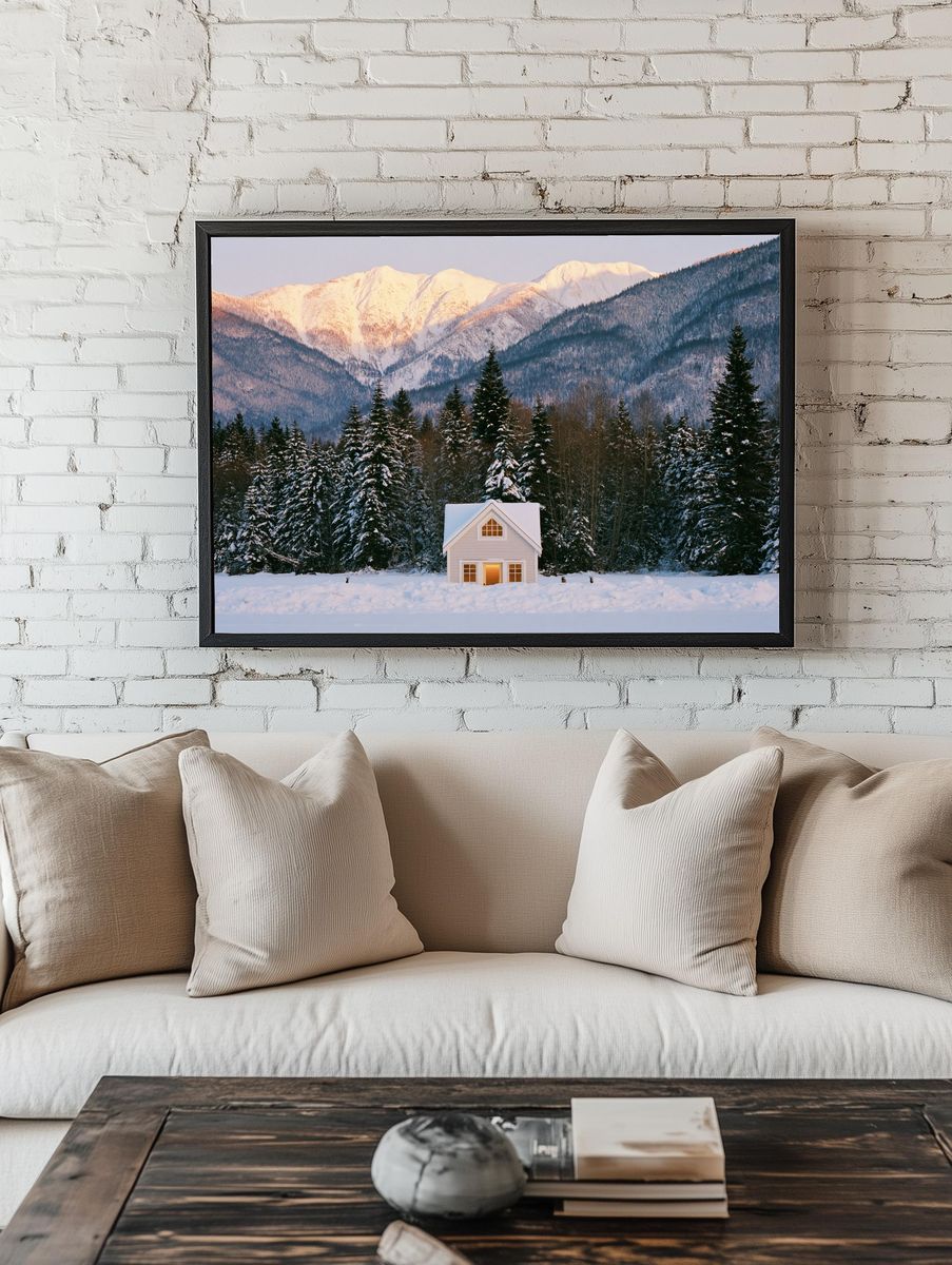 Snowy Mountain Cabin Photography Poster. room preview