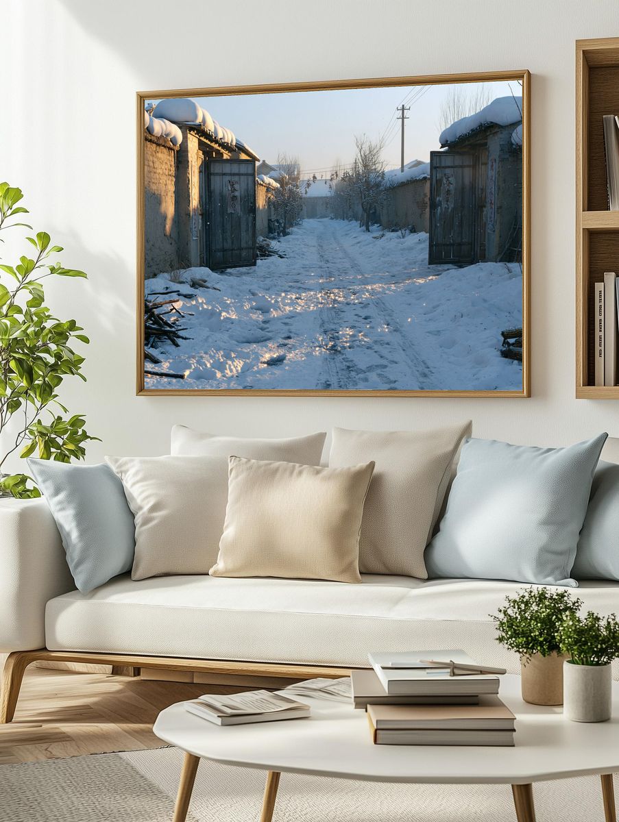 Snowy Village Lane Photography Poster. — room view 2