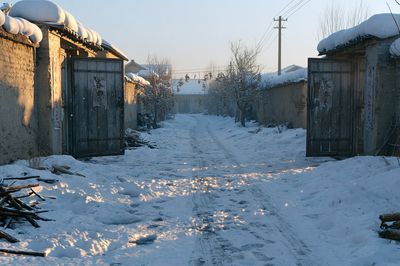 Snowy Village Lane Photography Poster.