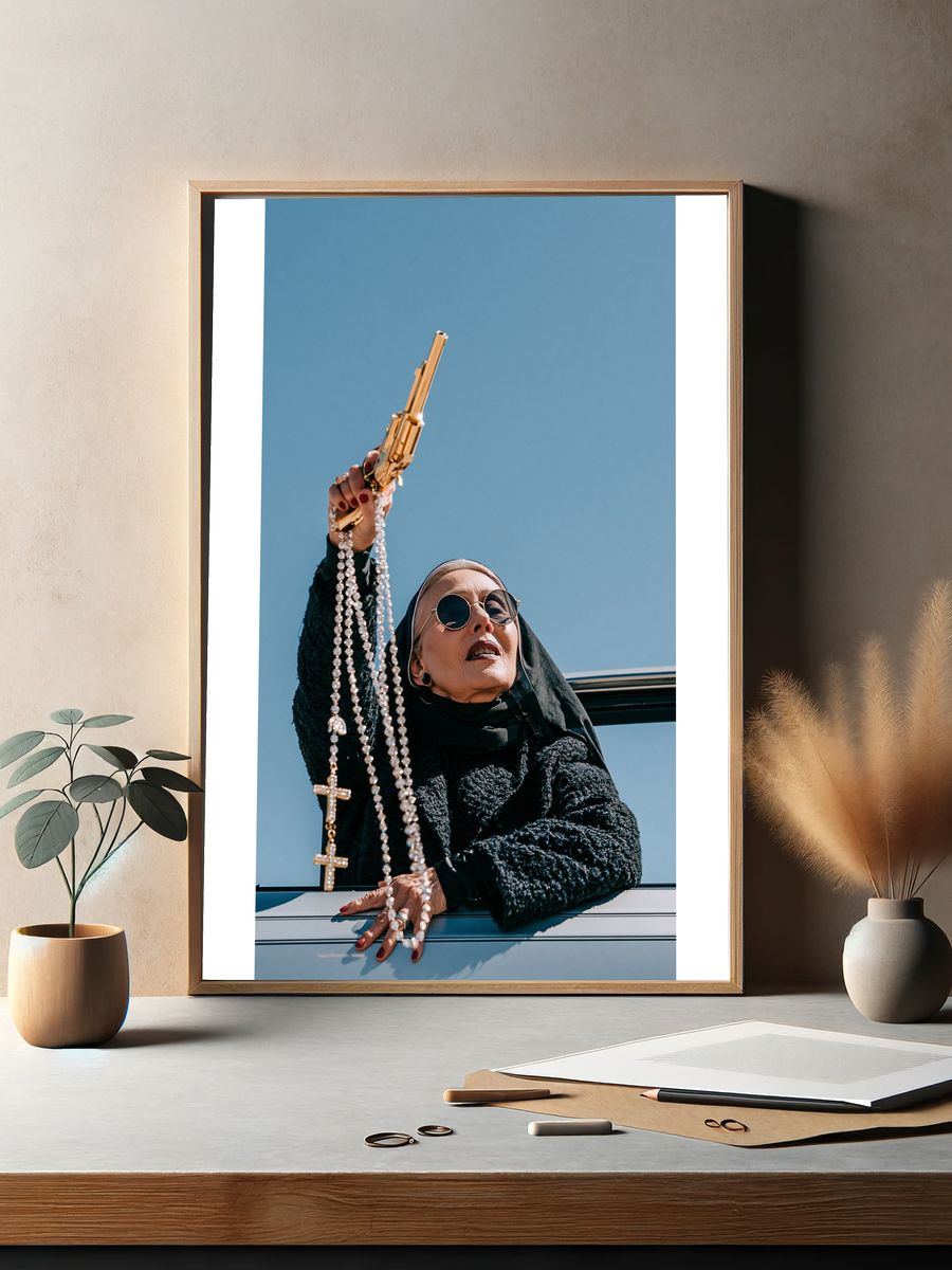 Nun with Gold Gun Photography Poster. — room view 2