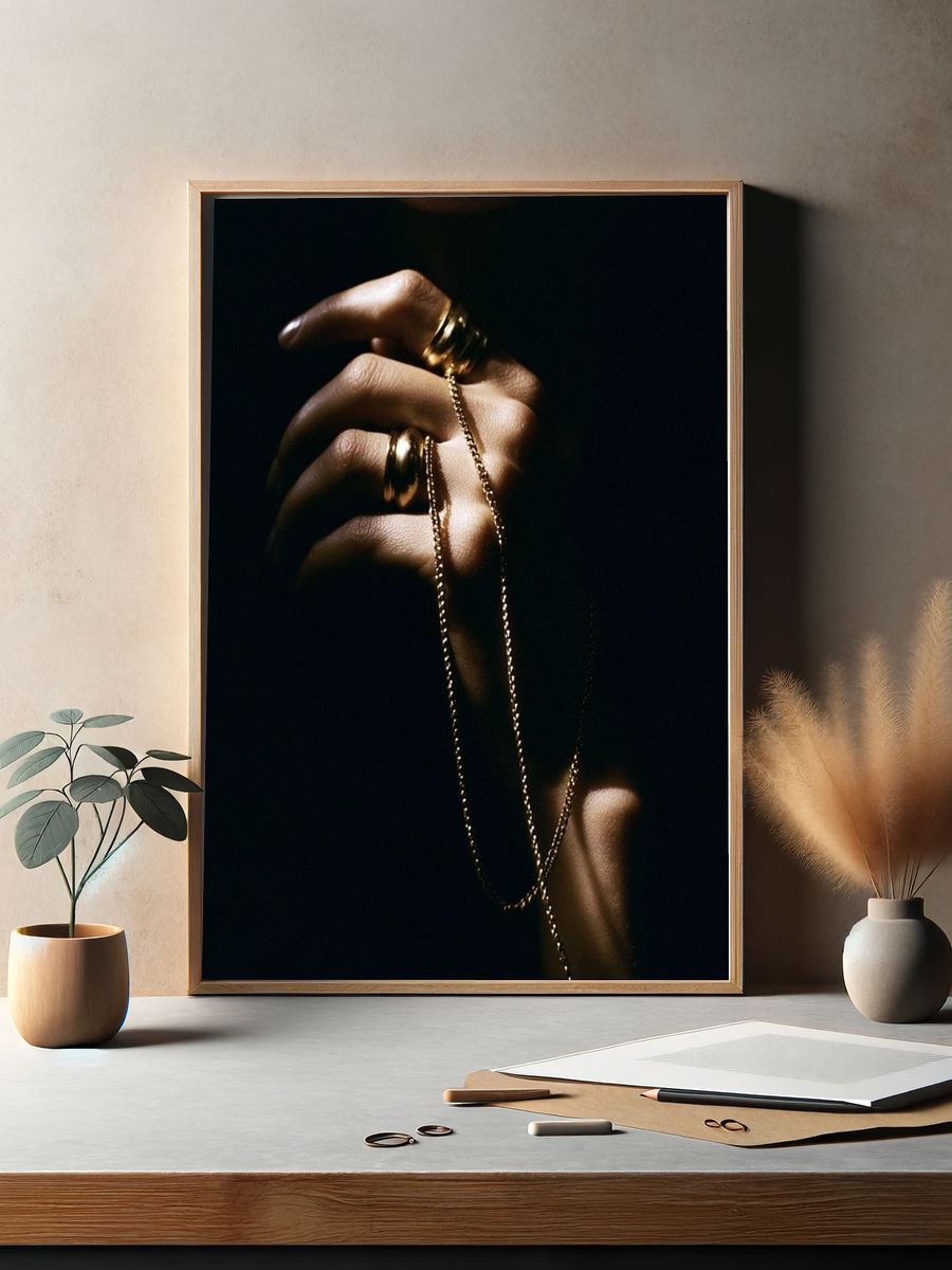 Golden Hand Jewelry Portrait Print. — room view 2