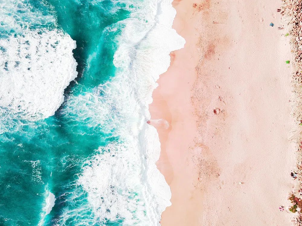 Drone aerial view ocean washing. poster — photography art