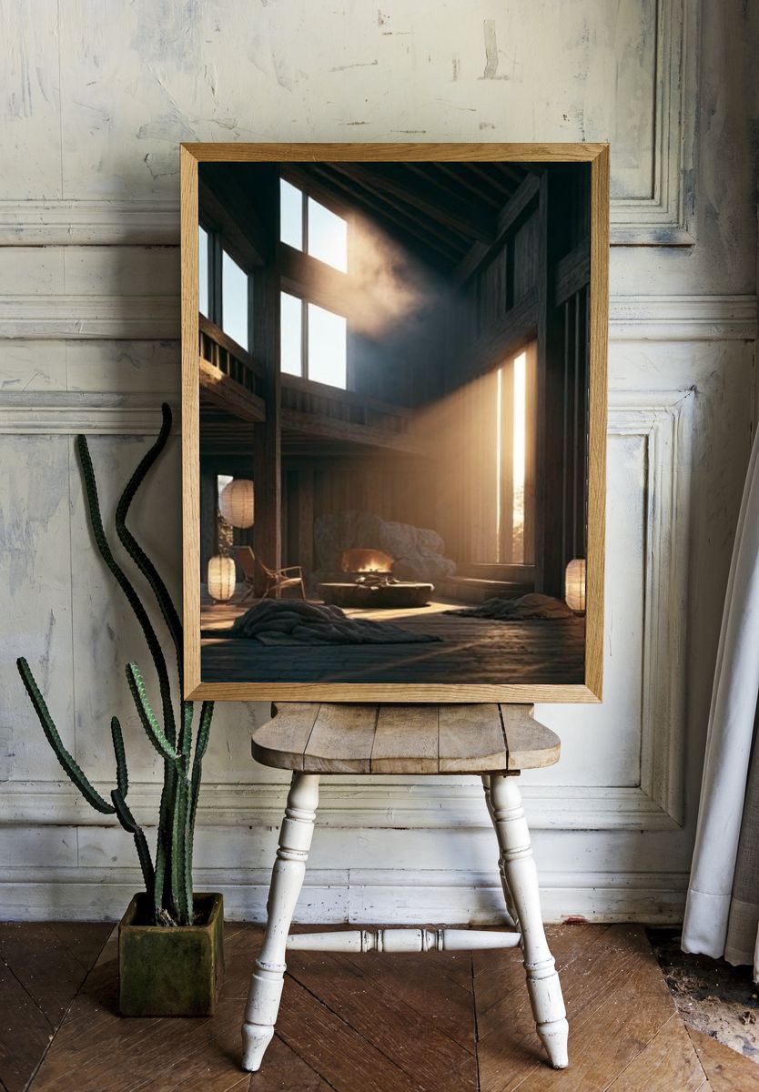 Sunlit Cabin Interior Photography Poster. room preview