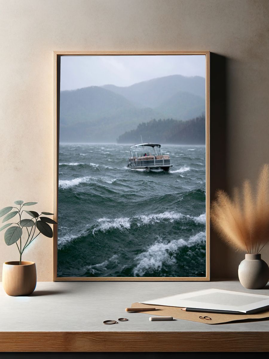 Stormy Lake Boat Photography Poster. — room view 2