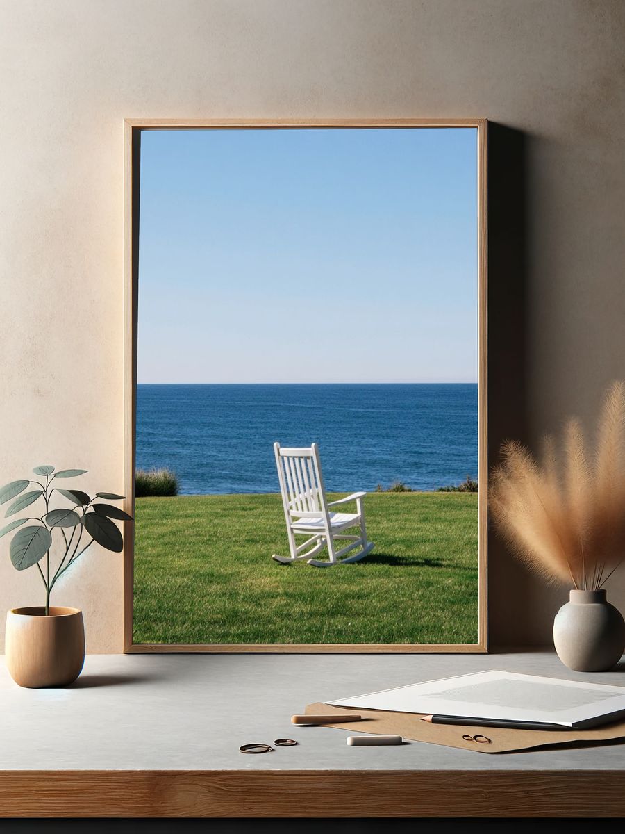 Oceanfront Rocking Chair Photography Poster. — room view 2
