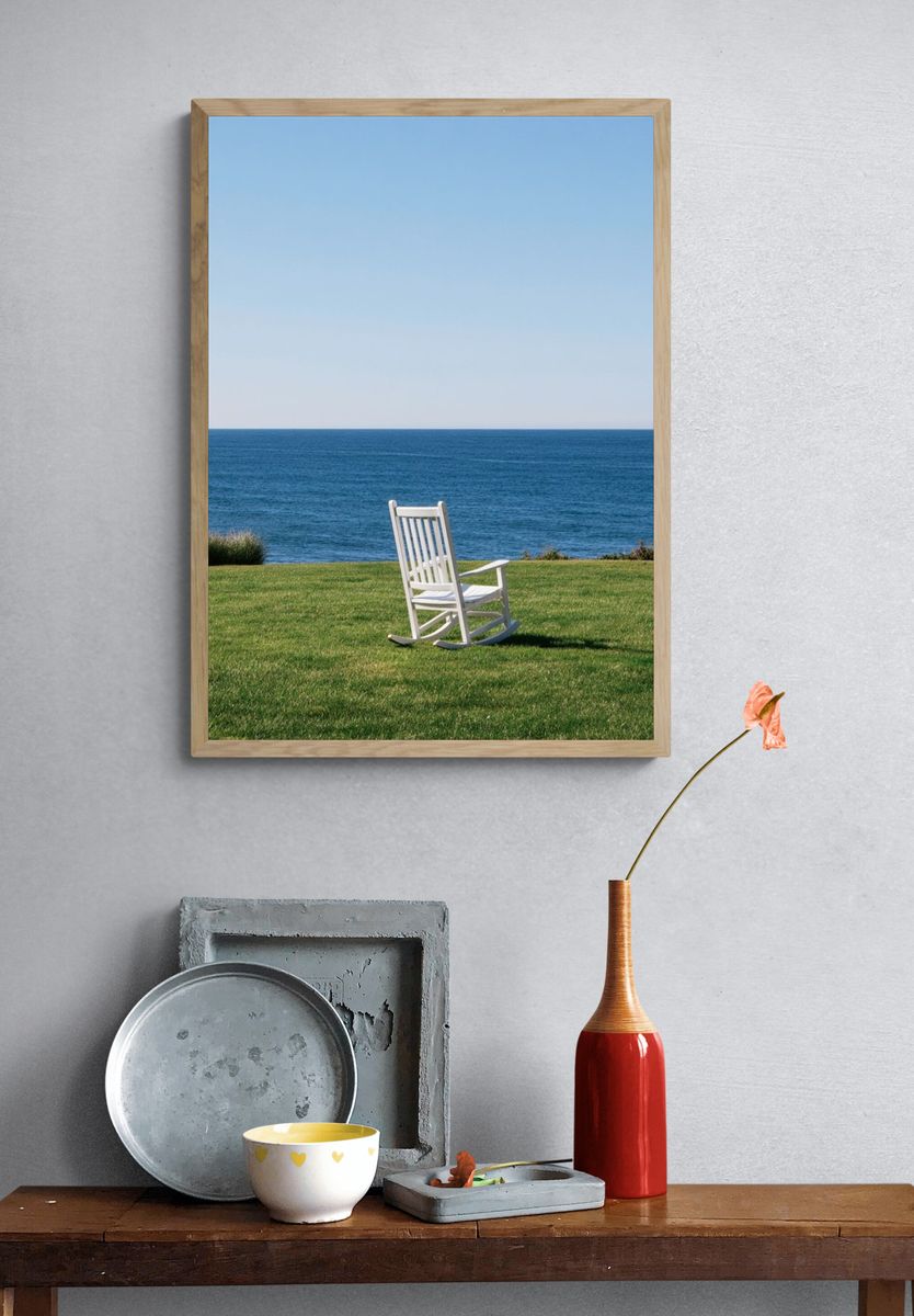Oceanfront Rocking Chair Photography Poster. — room view 3