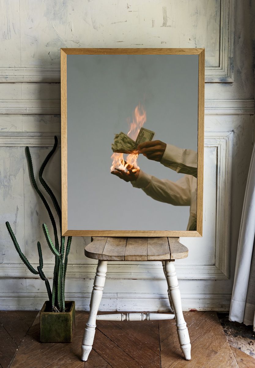 Burning Cash Photography Print. room preview