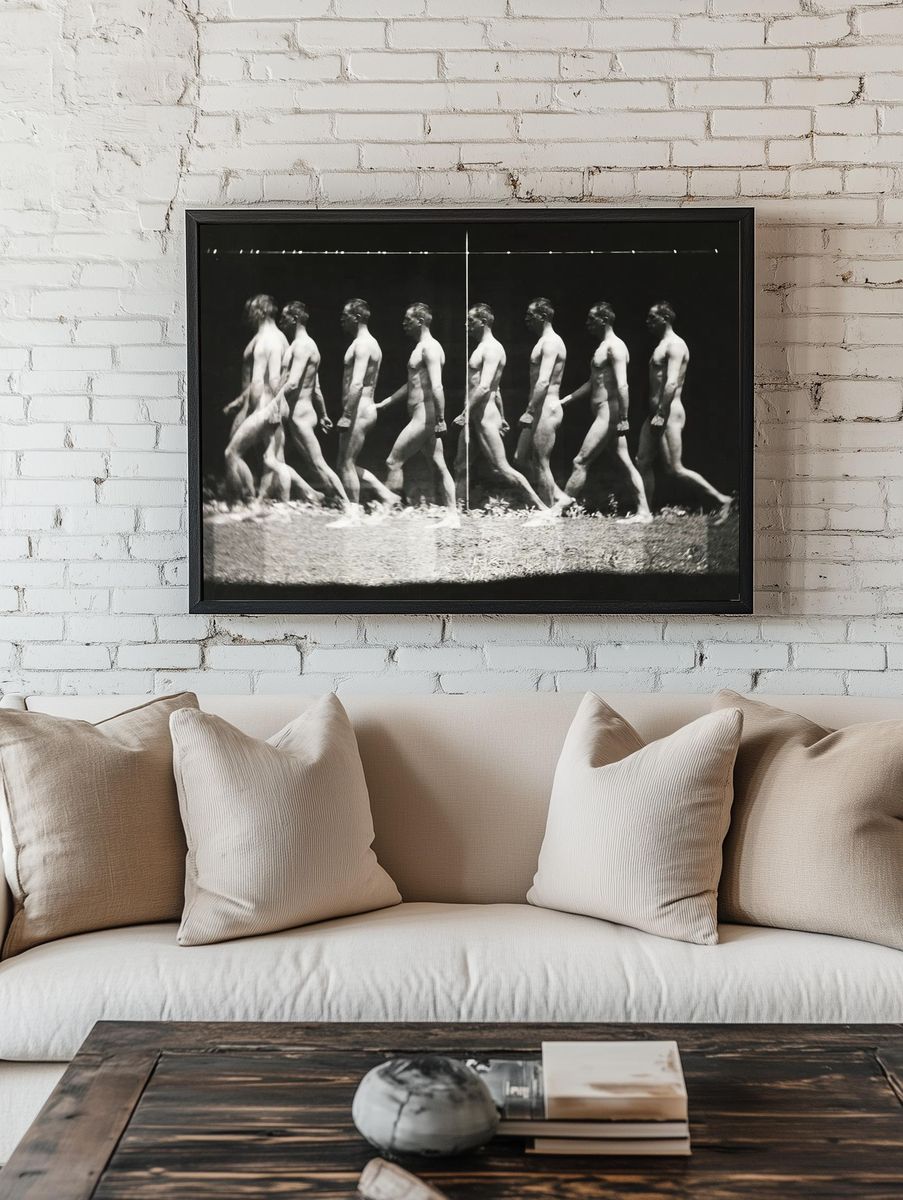 Nude photography naked man walking. room preview