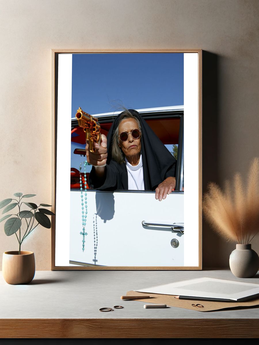 Nun with Revolver Photography Poster. — room view 2