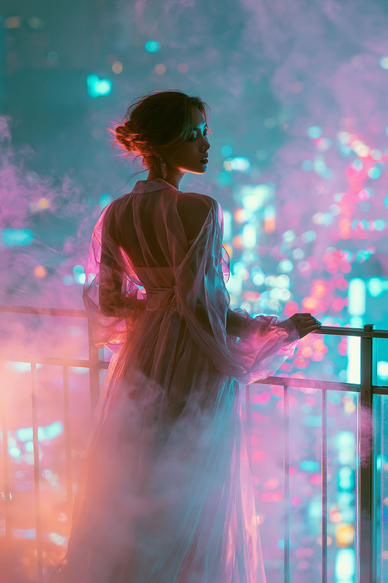 Neon Balcony Portrait Photography Poster. poster detail