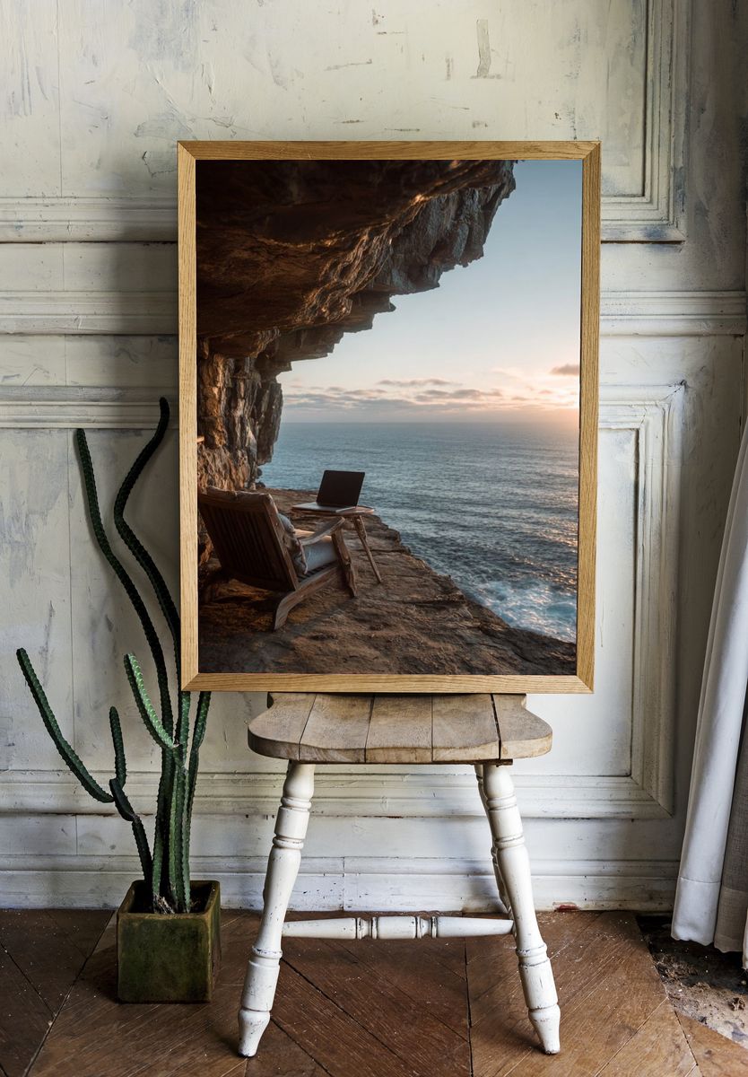 Cliffside Ocean Sunset Photography Poster. — room view 1