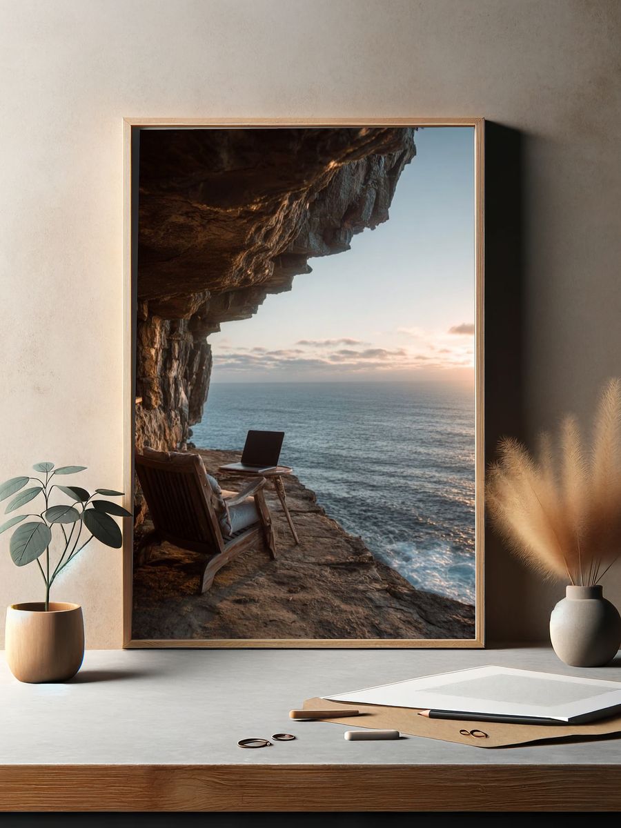 Cliffside Ocean Sunset Photography Poster. — room view 2