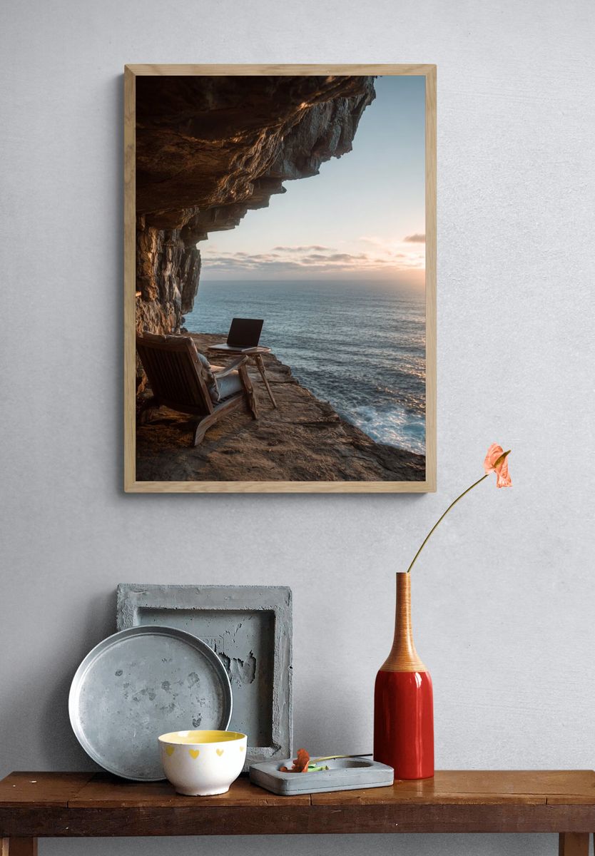 Cliffside Ocean Sunset Photography Poster. — room view 3