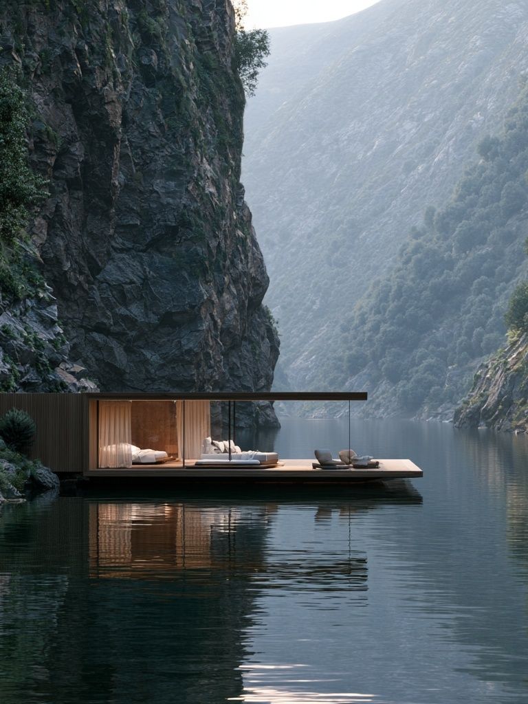 Cliffside Lake Retreat Photography Poster. poster detail
