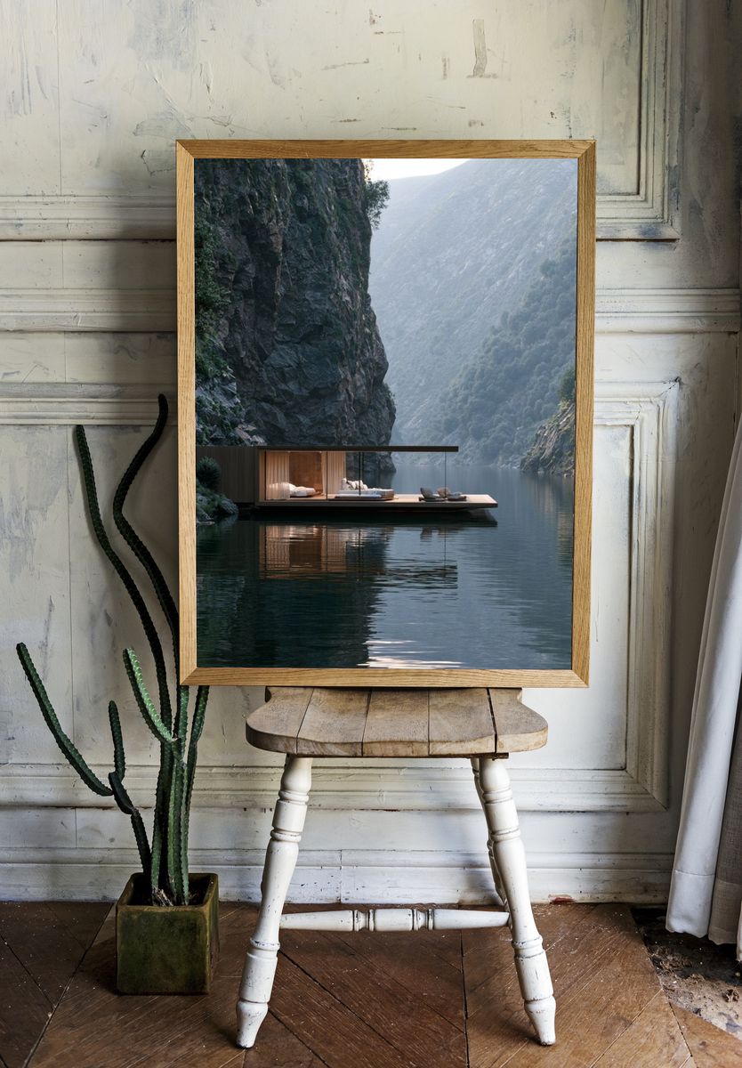 Cliffside Lake Retreat Photography Poster. room preview