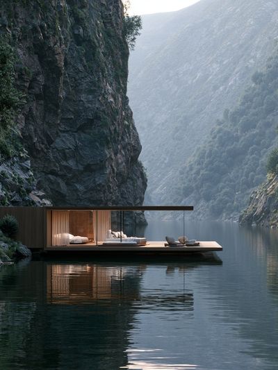 Cliffside Lake Retreat Photography Poster.