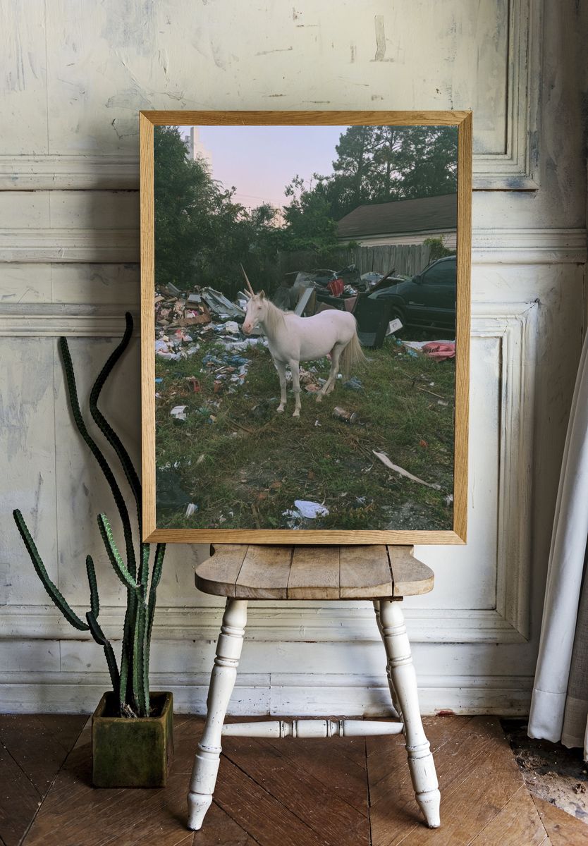 White Unicorn in Junkyard Photography Poster. room preview