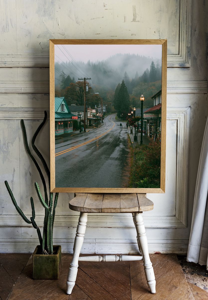Misty Mountain Town Street Poster. room preview