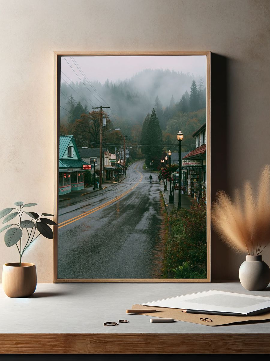 Misty Mountain Town Street Poster. — room view 2