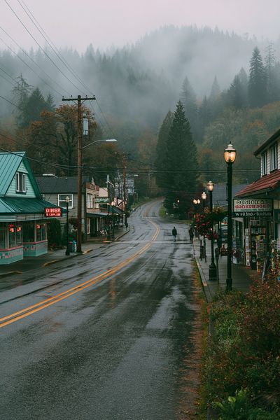 Misty Mountain Town Street Poster. poster