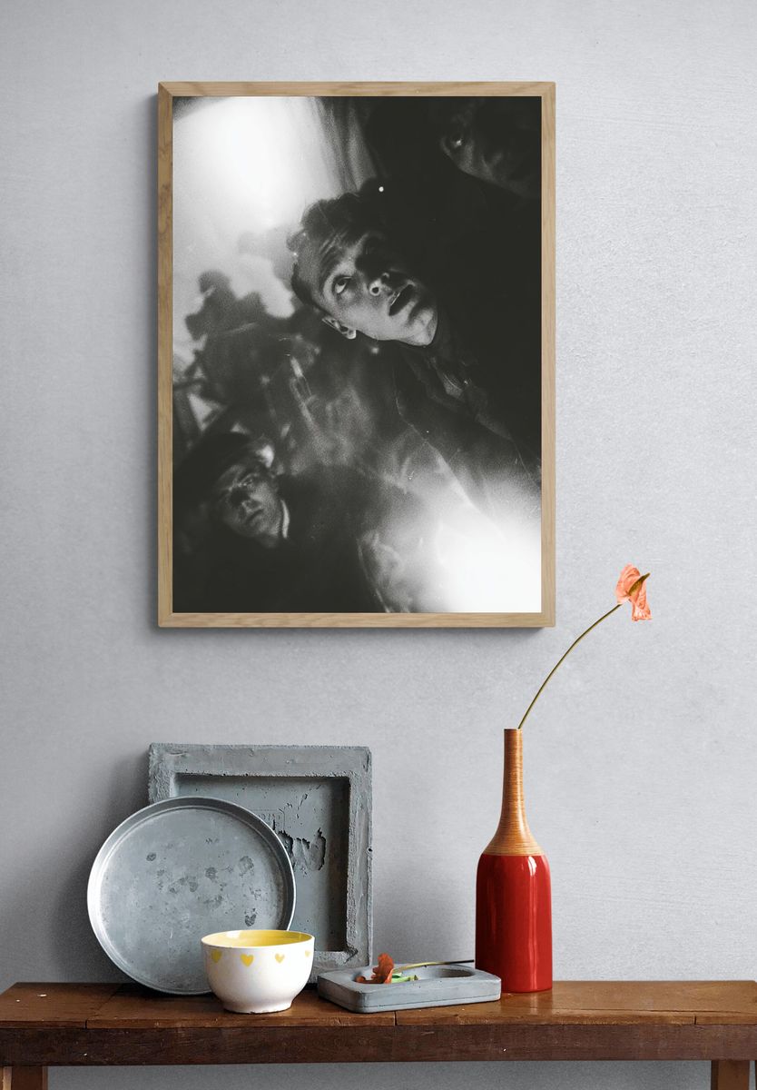 Monochrome Surreal Faces Poster. — room view 3