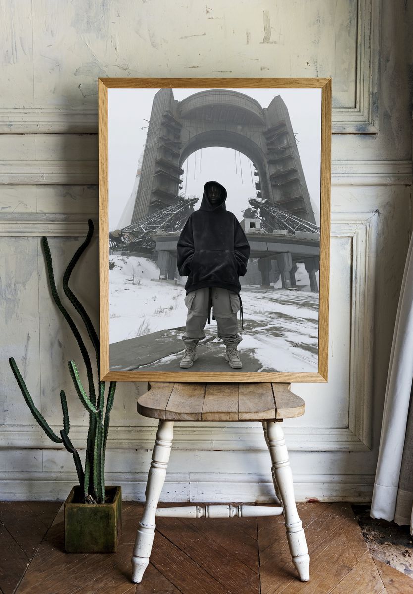 Futurist Hooded Figure Poster. room preview