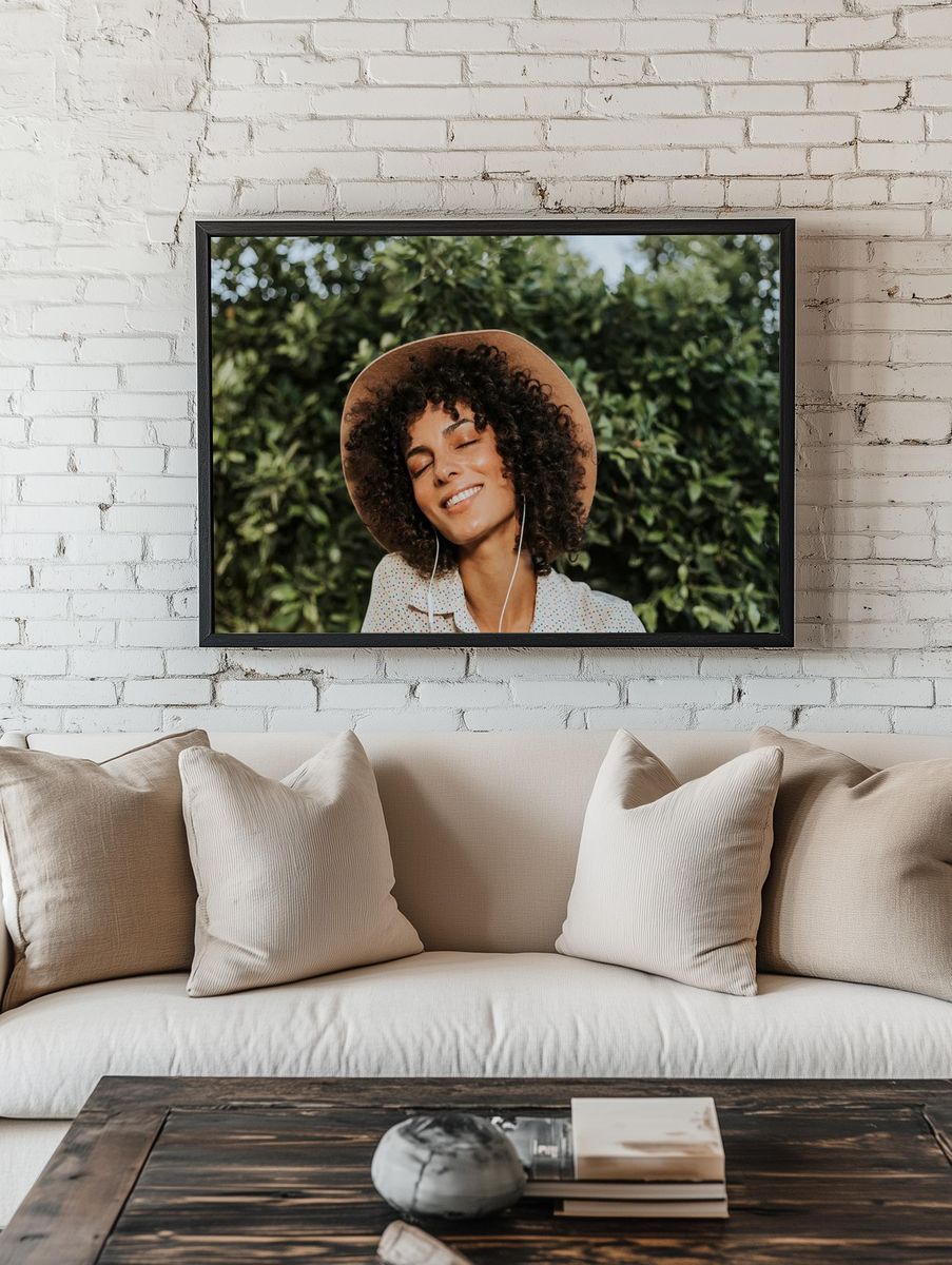Beautiful woman listening music botanical. room preview