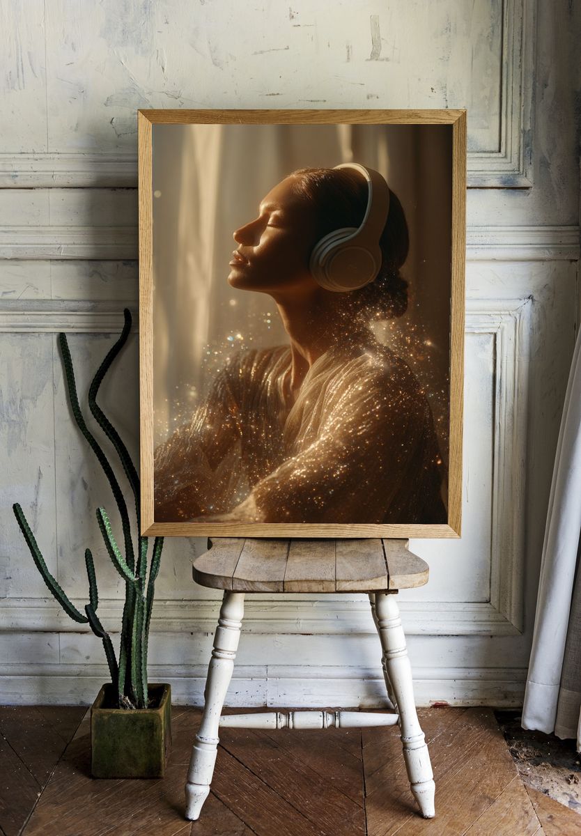 Serene Woman with Headphones — Photography Print. — room view 1