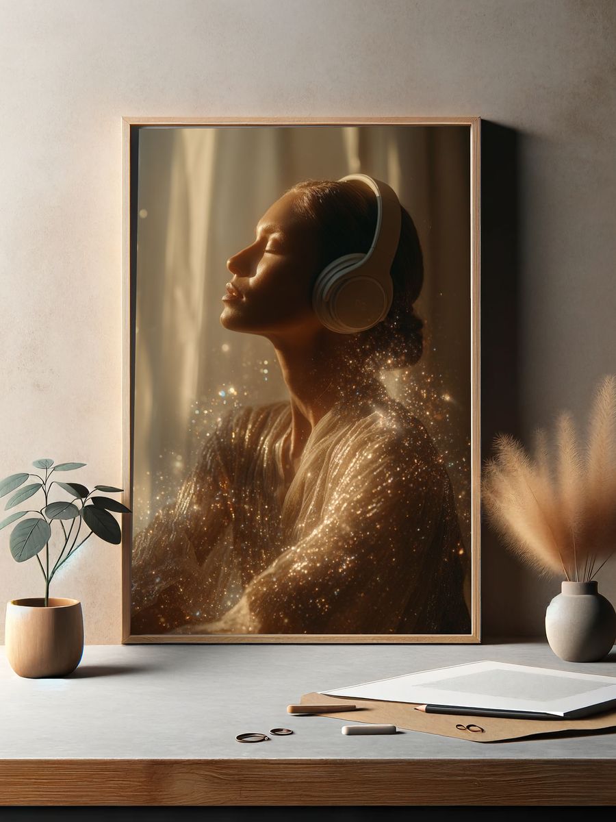 Serene Woman with Headphones — Photography Print. — room view 2