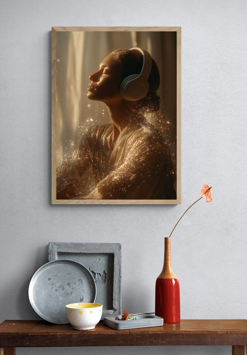 Serene Woman with Headphones — Photography Print. — room view 3