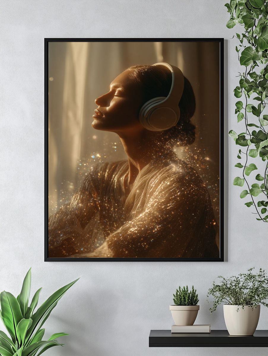 Serene Woman with Headphones — Photography Print. — room view 4