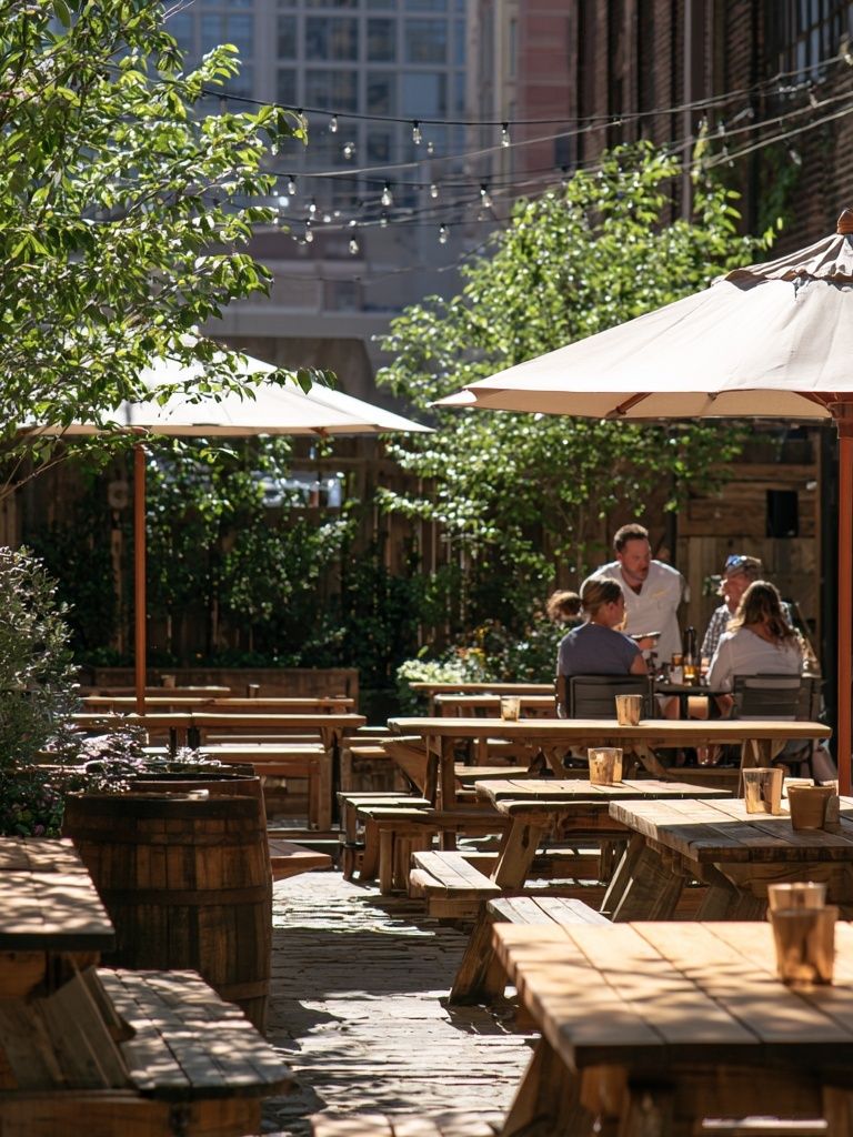 Sunlit Courtyard Cafe Photography Poster. poster — photography art